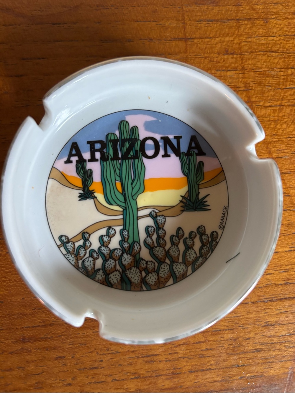 Vintage Arizona Ashtray Saguaro Gold Rim cacti desert art 70s retro mid century